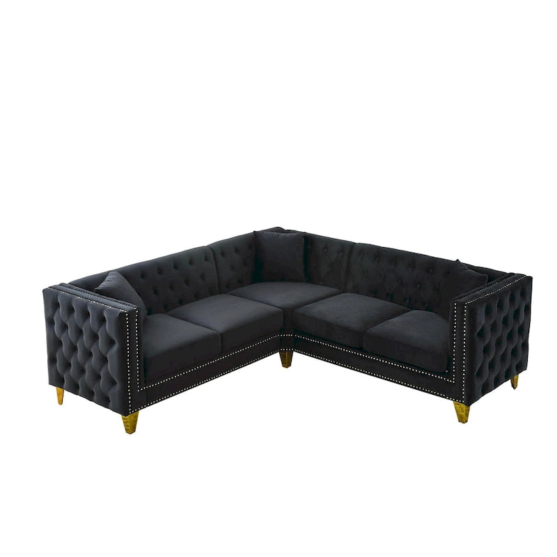 Canapé sectionnel d'angle 5 places Chesterfield 82,2 en velours noir avec garniture cloutée, pieds en métal et coussins capitonnés