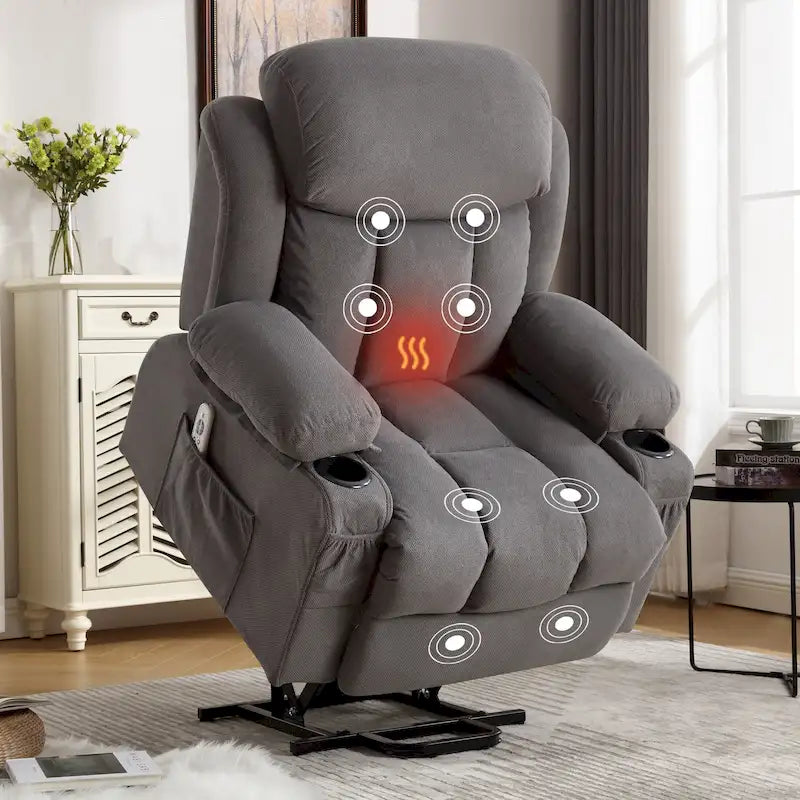 Fauteuil inclinable électrique gris avec chauffage, massage, port USB, poches latérales et télécommande