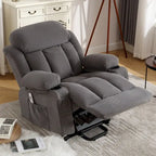 Fauteuil inclinable électrique gris avec chauffage, massage, port USB, poches latérales et télécommande