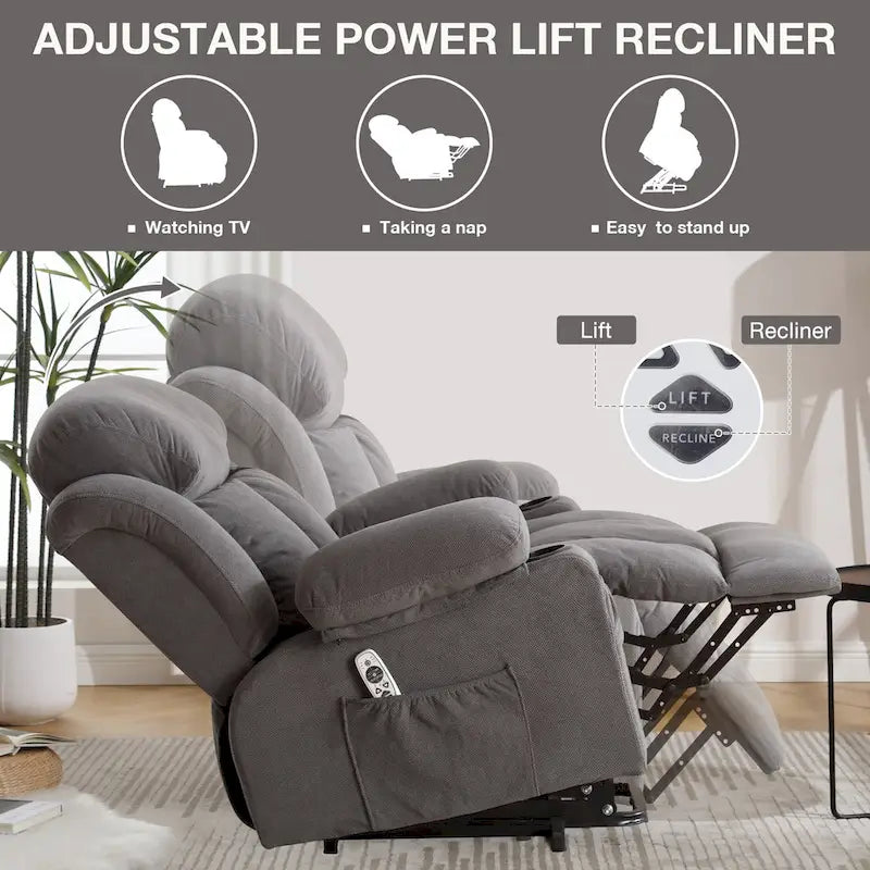 Fauteuil inclinable électrique gris avec chauffage, massage, port USB, poches latérales et télécommande