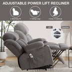 Fauteuil inclinable électrique gris avec chauffage, massage, port USB, poches latérales et télécommande
