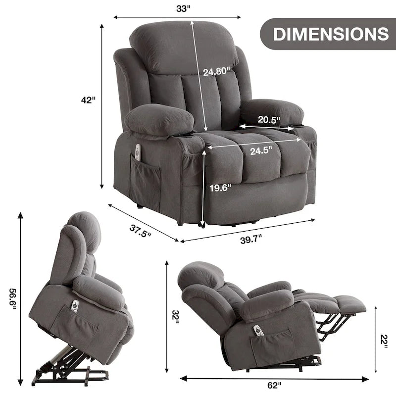 Fauteuil inclinable électrique gris avec chauffage, massage, port USB, poches latérales et télécommande