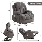 Fauteuil inclinable électrique gris avec chauffage, massage, port USB, poches latérales et télécommande