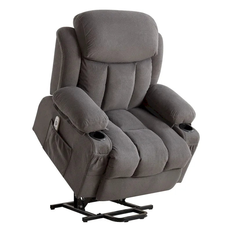 Fauteuil inclinable électrique gris avec chauffage, massage, port USB, poches latérales et télécommande