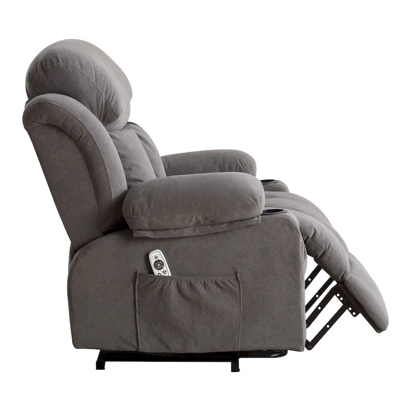 Fauteuil inclinable électrique gris avec chauffage, massage, port USB, poches latérales et télécommande