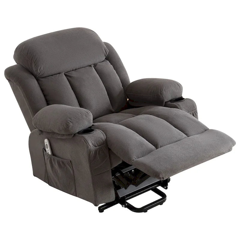Fauteuil inclinable électrique gris avec chauffage, massage, port USB, poches latérales et télécommande