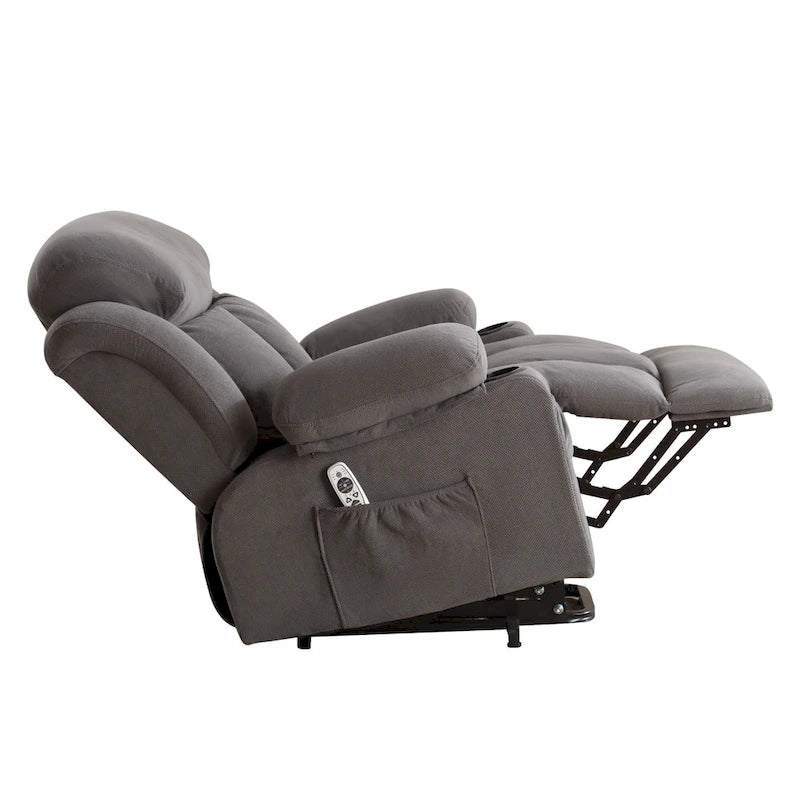 Fauteuil inclinable électrique gris avec chauffage, massage, port USB, poches latérales et télécommande