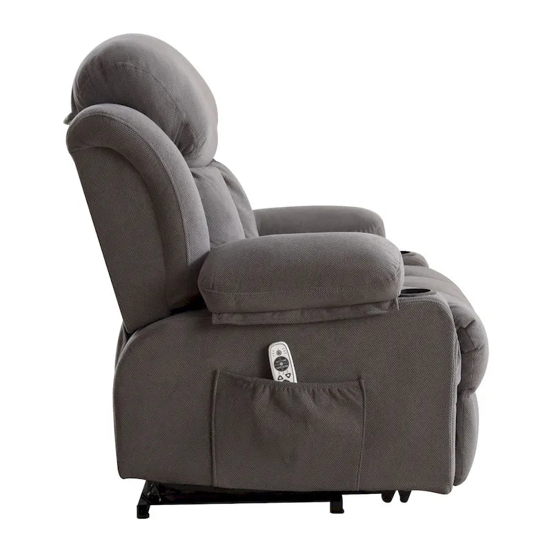 Fauteuil inclinable électrique gris avec chauffage, massage, port USB, poches latérales et télécommande