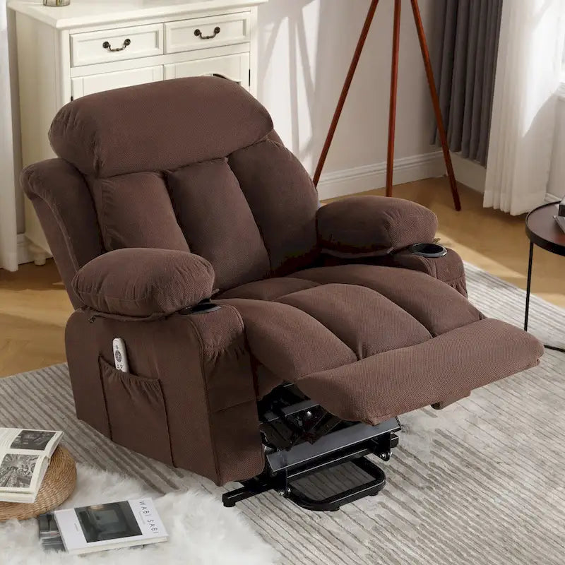 Fauteuil inclinable électrique gris avec chauffage, massage, port USB, poches latérales et télécommande