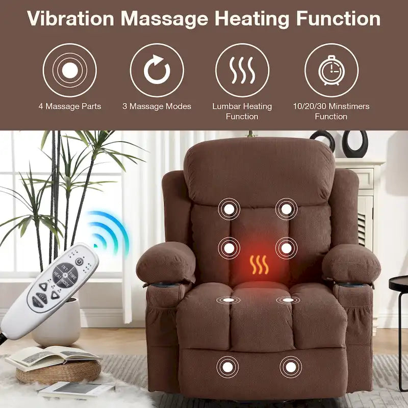 Fauteuil inclinable électrique gris avec chauffage, massage, port USB, poches latérales et télécommande