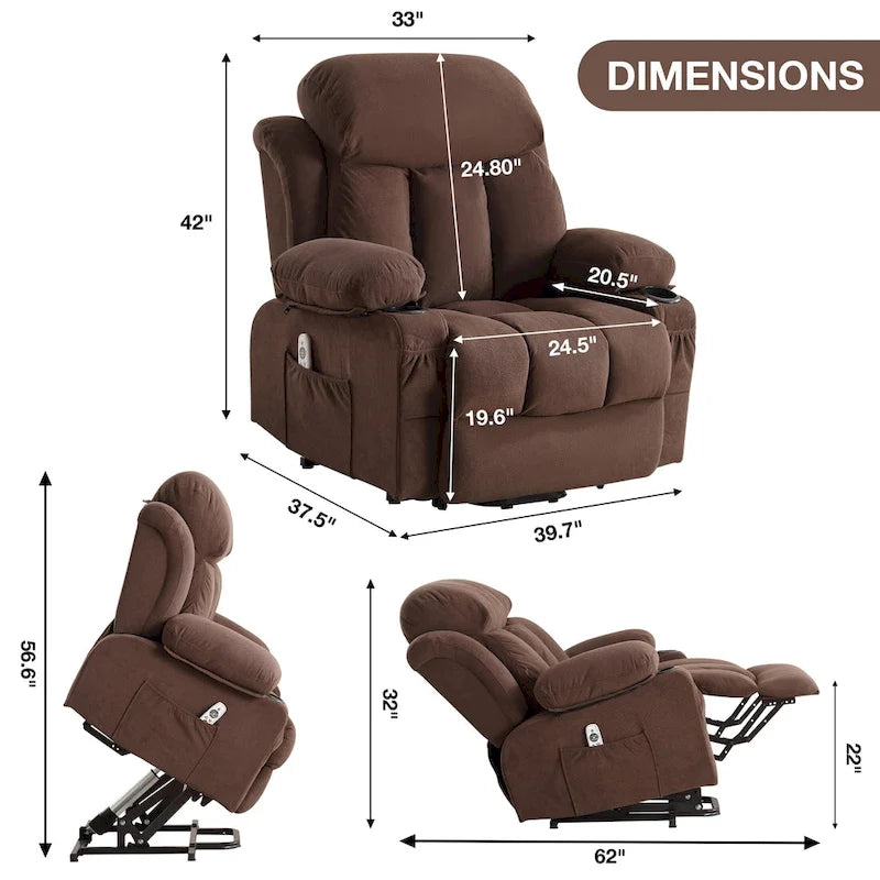 Fauteuil inclinable électrique gris avec chauffage, massage, port USB, poches latérales et télécommande
