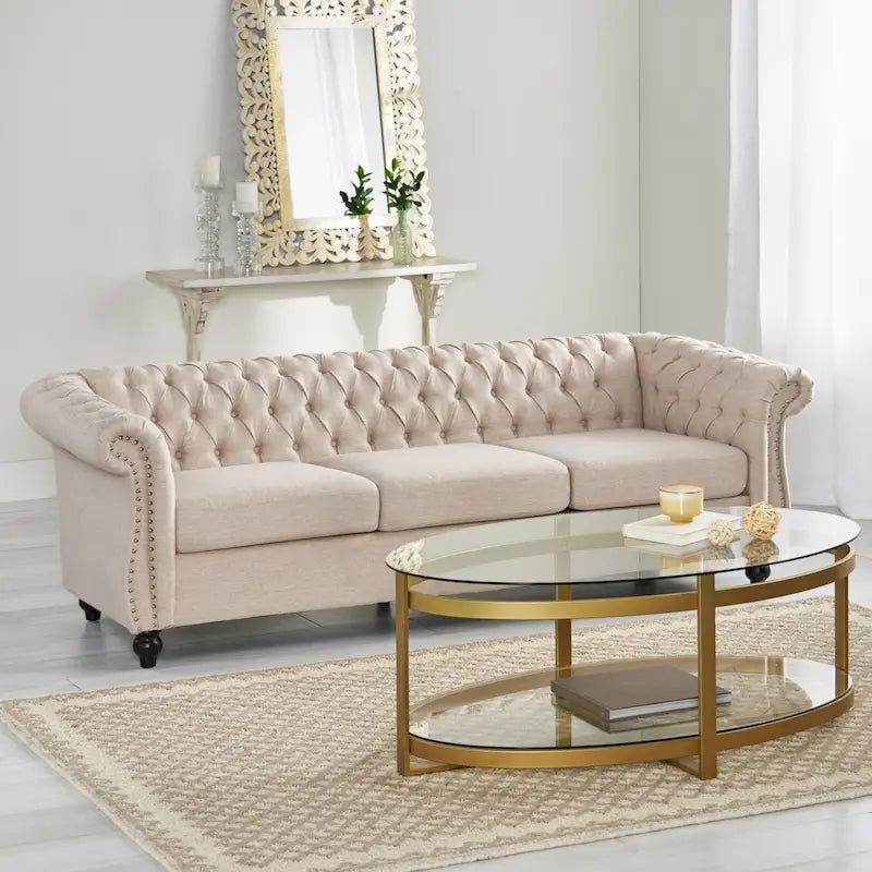 Canapé 3 places capitonné Chesterfield beige avec clous décoratifs