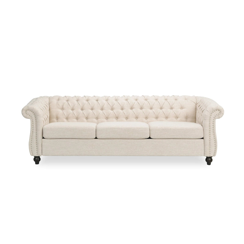 Canapé 3 places capitonné Chesterfield beige avec clous décoratifs