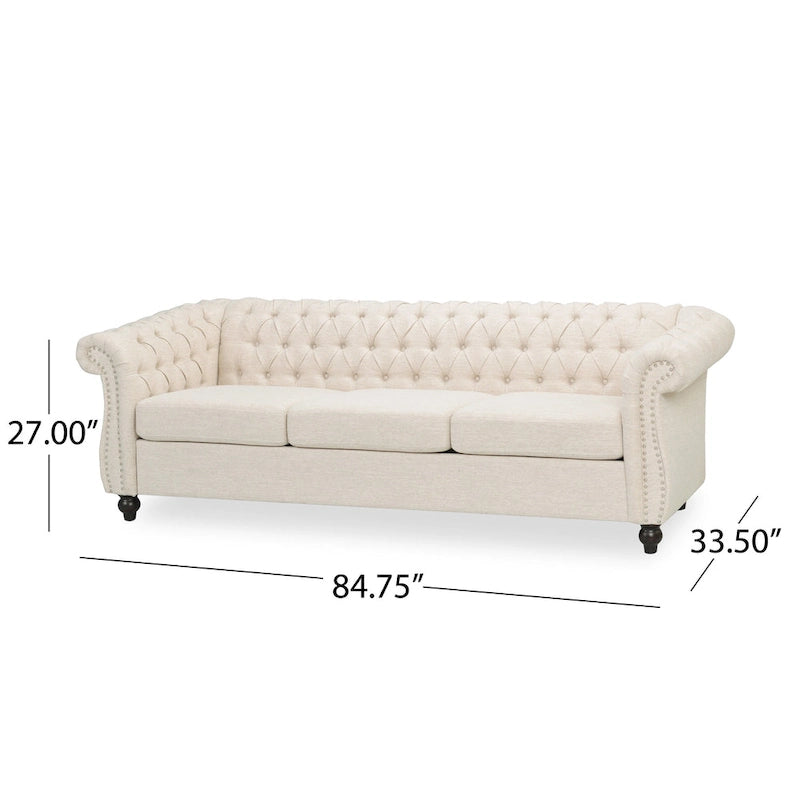 Canapé 3 places capitonné Chesterfield beige avec clous décoratifs