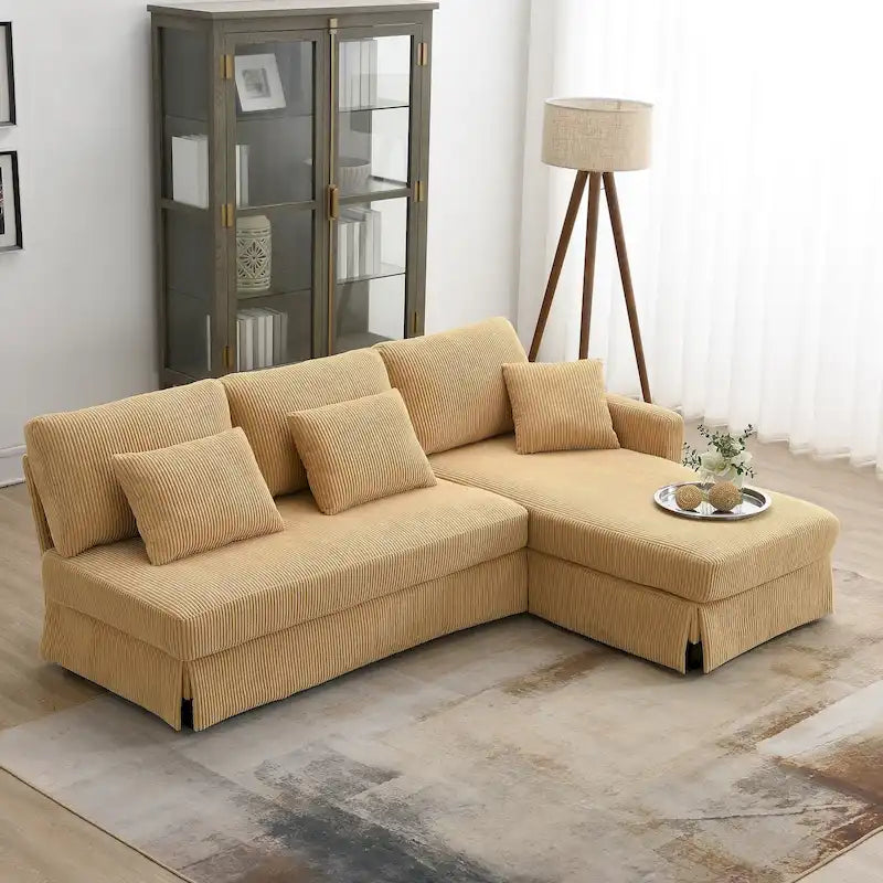 Canapé d'angle réversible 3 places 87" jaune avec 3 coussins, design compact pour salon