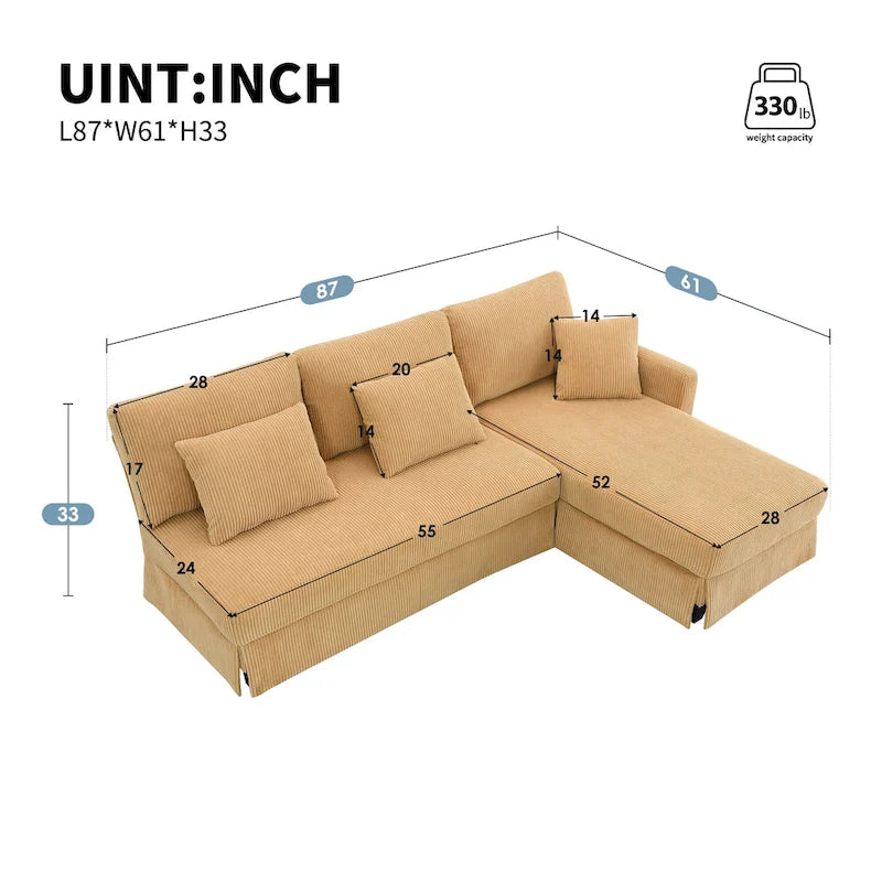 Canapé d'angle réversible 3 places 87" jaune avec 3 coussins, design compact pour salon