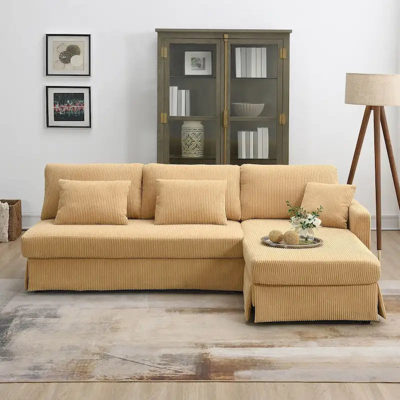 Canapé d'angle réversible 3 places 87" jaune avec 3 coussins, design compact pour salon
