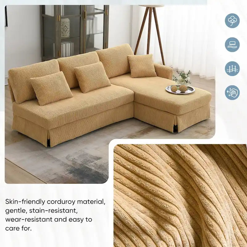 Canapé d'angle réversible 3 places 87" jaune avec 3 coussins, design compact pour salon