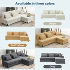 Canapé d'angle réversible 3 places 87" jaune avec 3 coussins, design compact pour salon