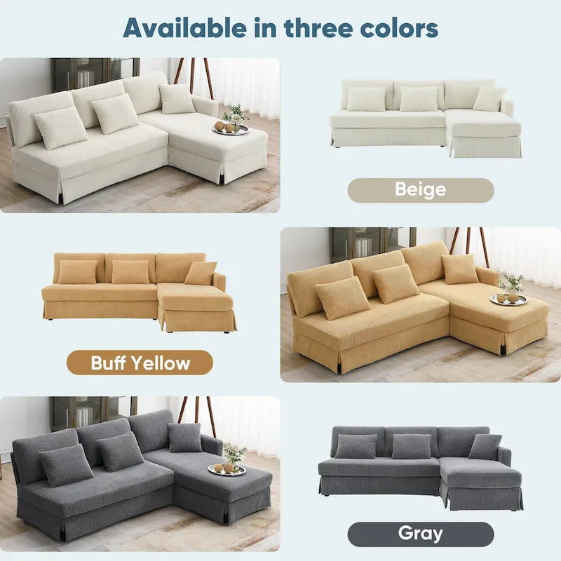 Canapé d'angle réversible 3 places 87" jaune avec 3 coussins, design compact pour salon