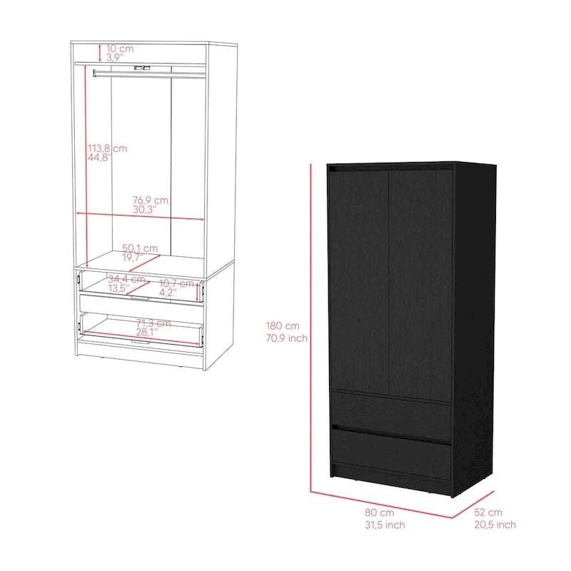 20,47 Armoire double moderne avec tringle et deux tiroirs pour chambre à coucher