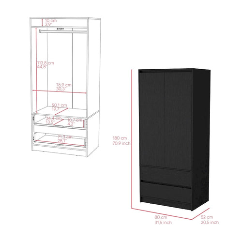 20,47 Armoire double moderne avec tringle et deux tiroirs pour chambre à coucher