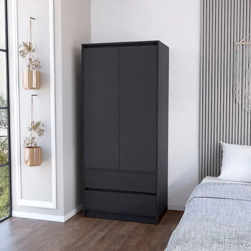 20,47 Armoire double moderne avec tringle et deux tiroirs pour chambre à coucher