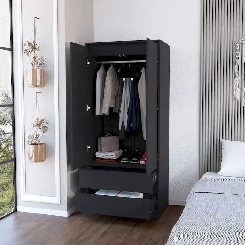 20,47 Armoire double moderne avec tringle et deux tiroirs pour chambre à coucher