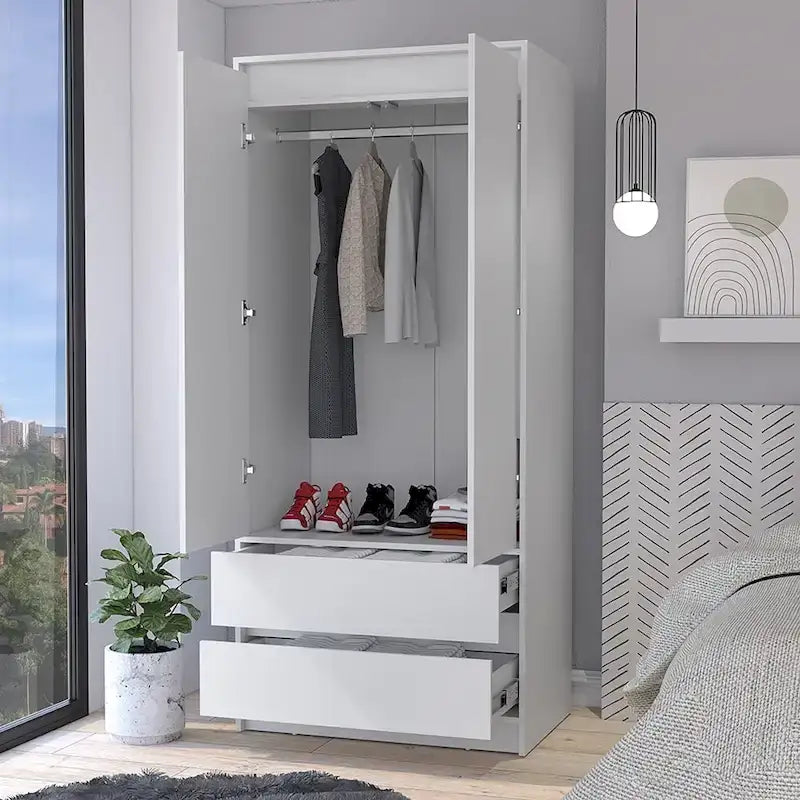 20,47 Armoire double moderne avec tringle et deux tiroirs pour chambre à coucher