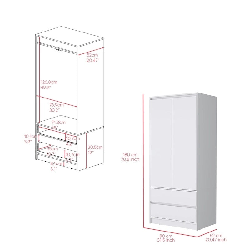 20,47 Armoire double moderne avec tringle et deux tiroirs pour chambre à coucher