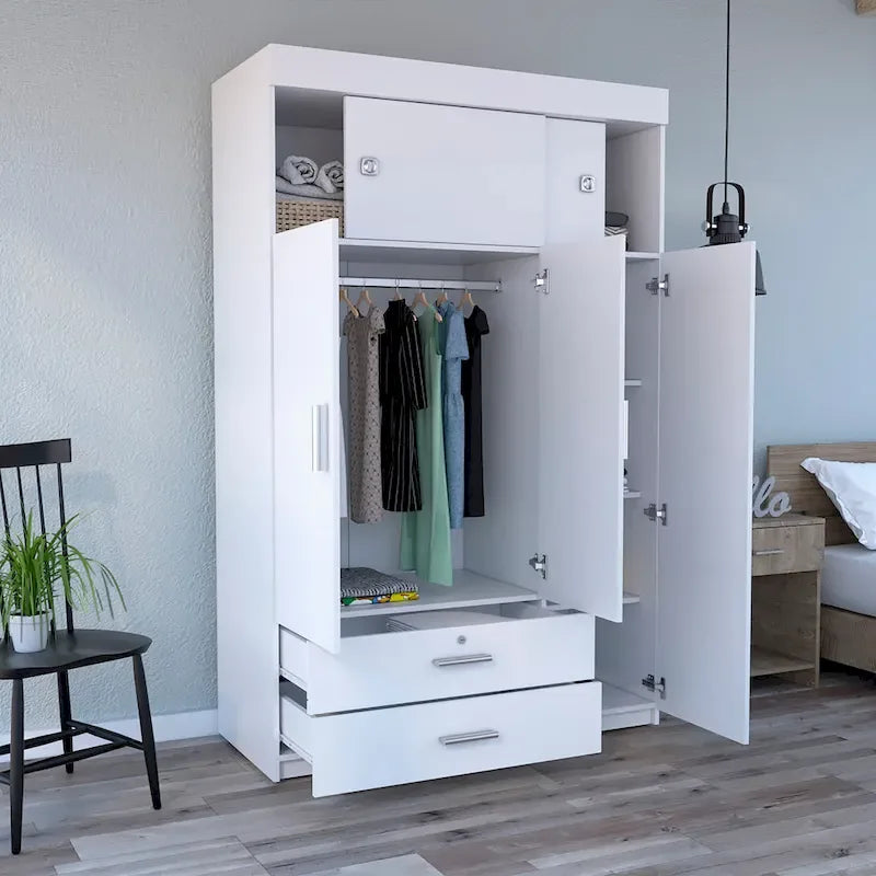 47.2 Armoire moderne à trois portes avec tringles de suspension, deux tiroirs et deux étagères supérieures réglables