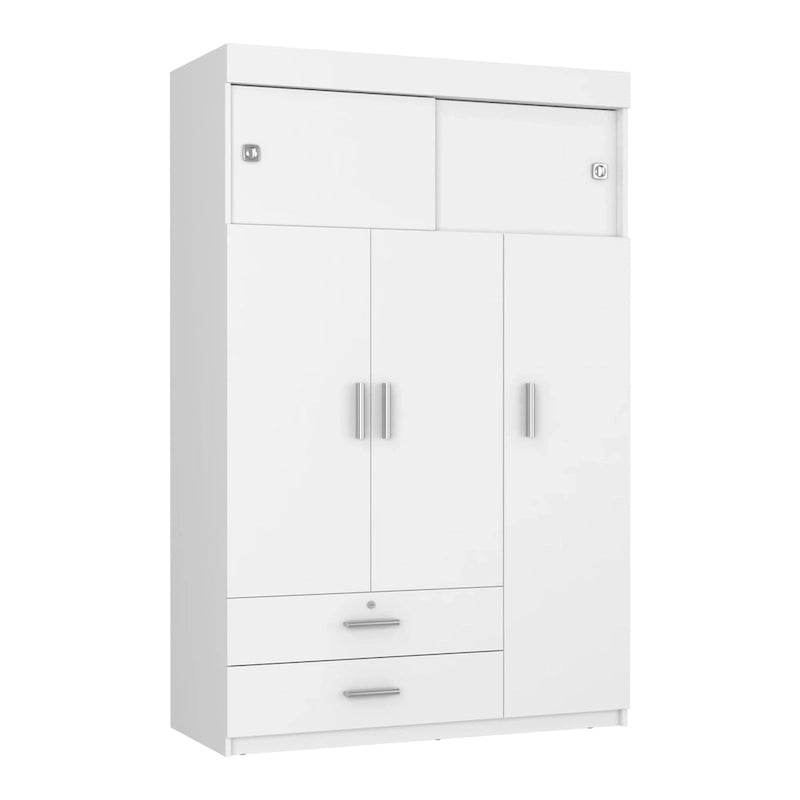 47.2 Armoire moderne à trois portes avec tringles de suspension, deux tiroirs et deux étagères supérieures réglables