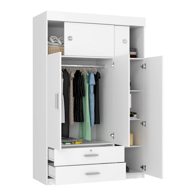 47.2 Armoire moderne à trois portes avec tringles de suspension, deux tiroirs et deux étagères supérieures réglables