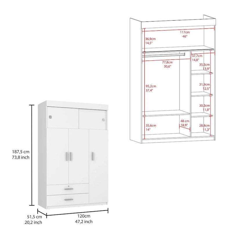 47.2 Armoire moderne à trois portes avec tringles de suspension, deux tiroirs et deux étagères supérieures réglables