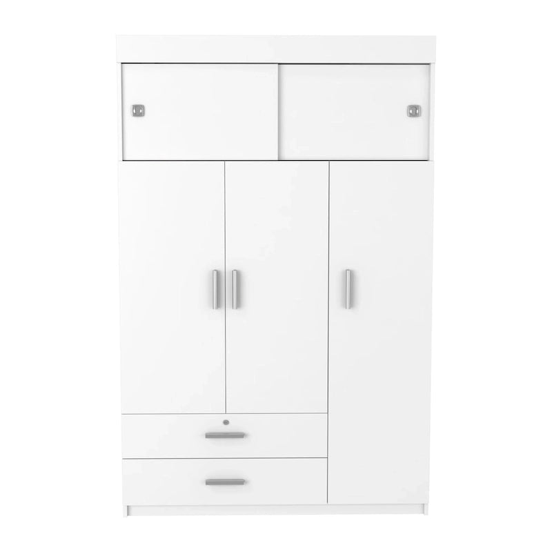 47.2 Armoire moderne à trois portes avec tringles de suspension, deux tiroirs et deux étagères supérieures réglables