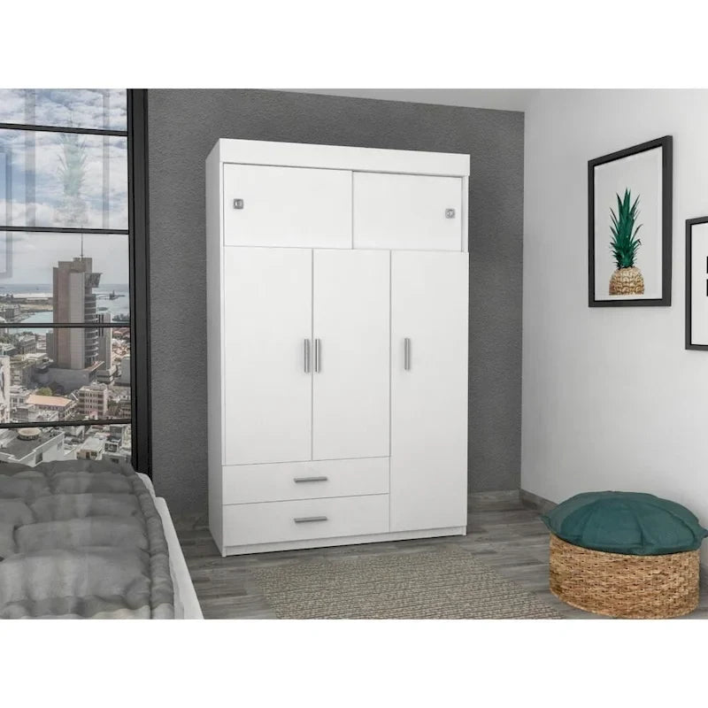 47.2 Armoire moderne à trois portes avec tringles de suspension, deux tiroirs et deux étagères supérieures réglables