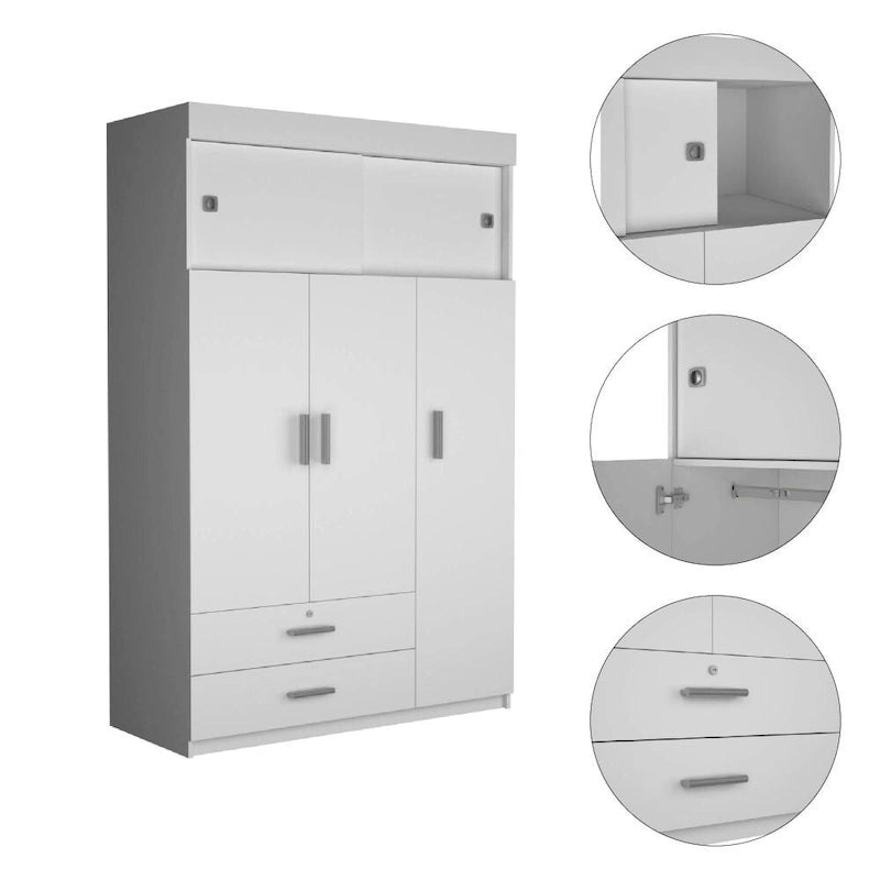 47.2 Armoire moderne à trois portes avec tringles de suspension, deux tiroirs et deux étagères supérieures réglables