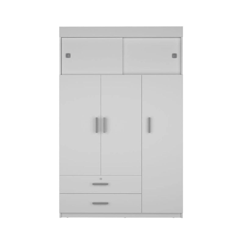 47.2 Armoire moderne à trois portes avec tringles de suspension, deux tiroirs et deux étagères supérieures réglables