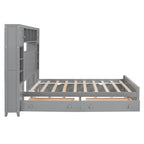 Lit plateforme en bois gris Queen Size avec placard, étagère et prises