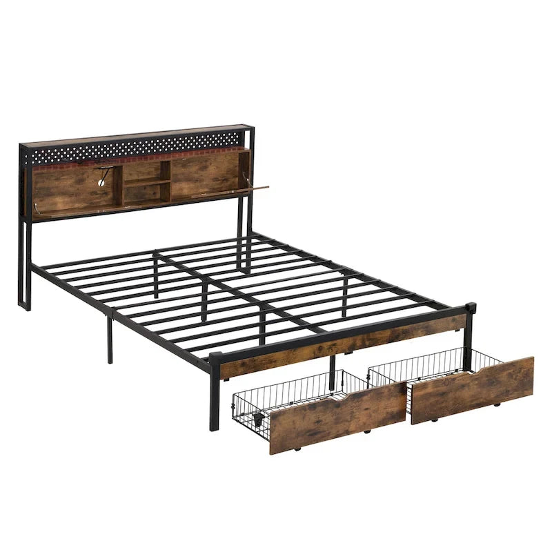 Lit double king size en métal noir et marron avec tête de lit en bois et lumières LED