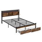 Lit double king size en métal noir et marron avec tête de lit en bois et lumières LED