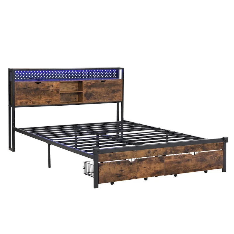 Lit double king size en métal noir et marron avec tête de lit en bois et lumières LED