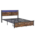 Lit double king size en métal noir et marron avec tête de lit en bois et lumières LED