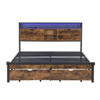 Lit double king size en métal noir et marron avec tête de lit en bois et lumières LED
