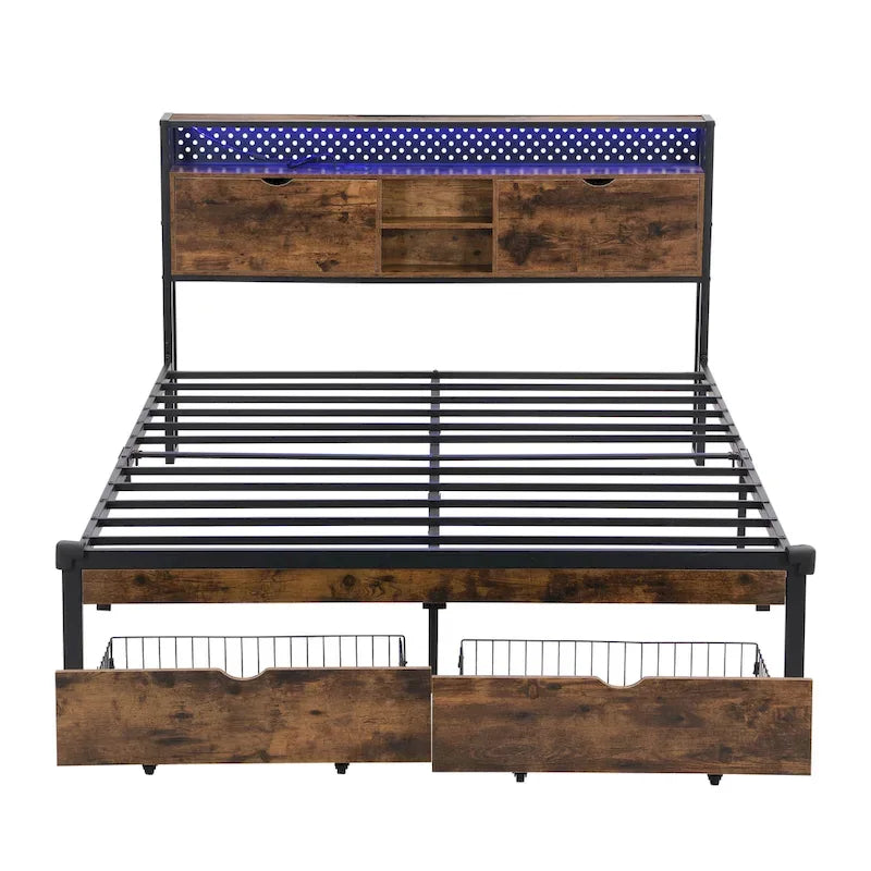 Lit double king size en métal noir et marron avec tête de lit en bois et lumières LED