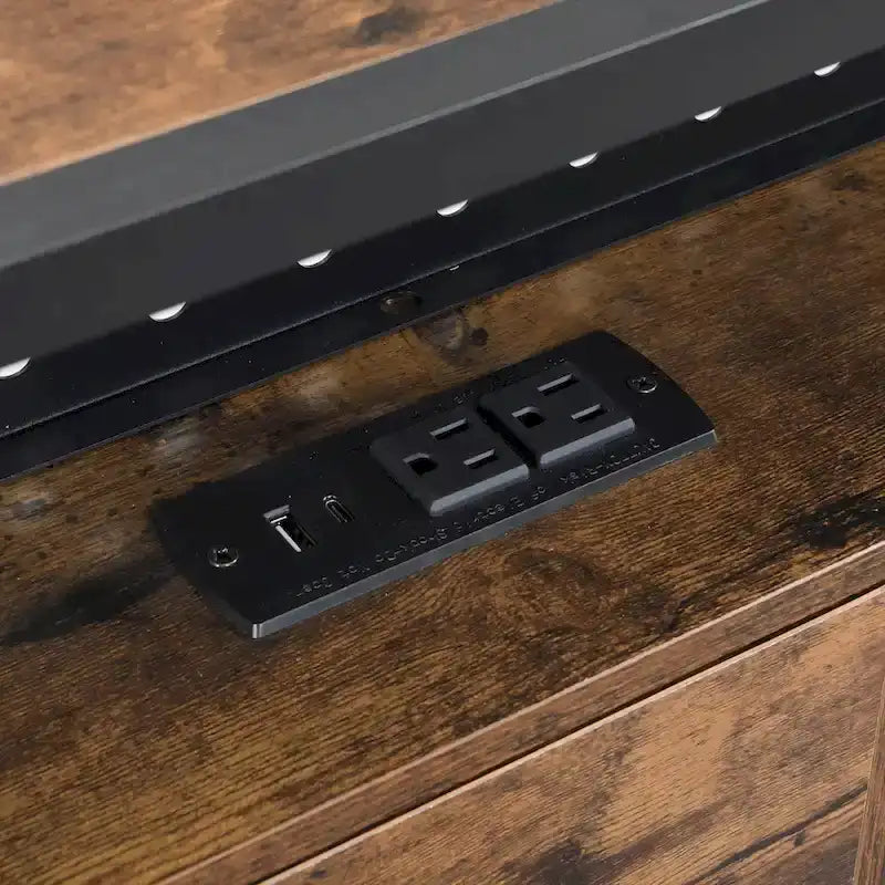 Lit double king size en métal noir et marron avec tête de lit en bois et lumières LED