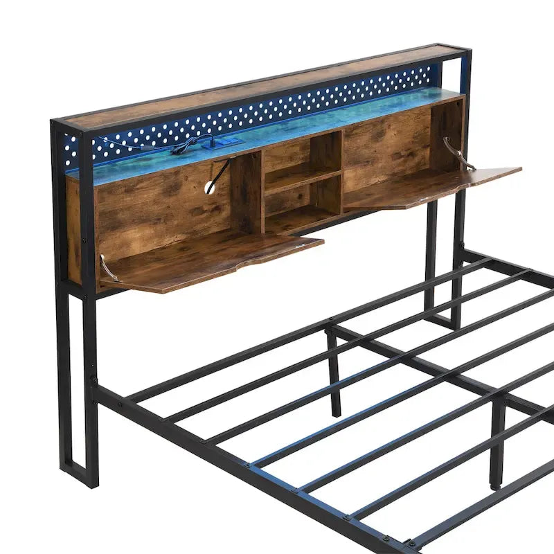 Lit double king size en métal noir et marron avec tête de lit en bois et lumières LED