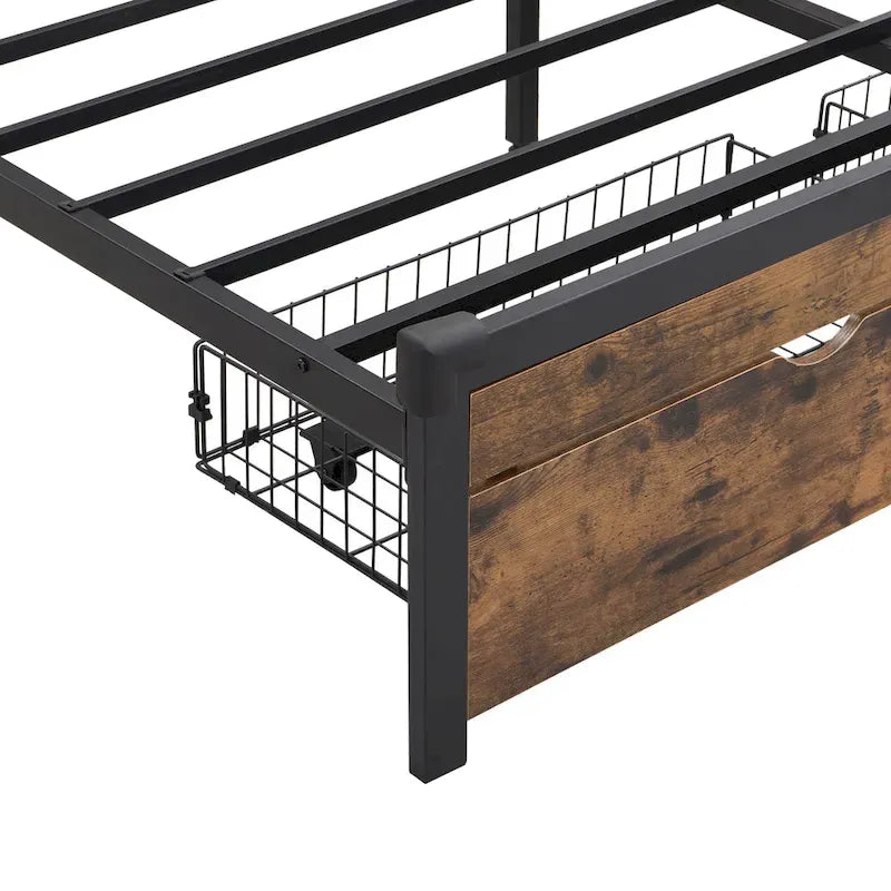 Lit double king size en métal noir et marron avec tête de lit en bois et lumières LED