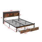 Lit double king size en métal noir et marron avec tête de lit en bois et lumières LED