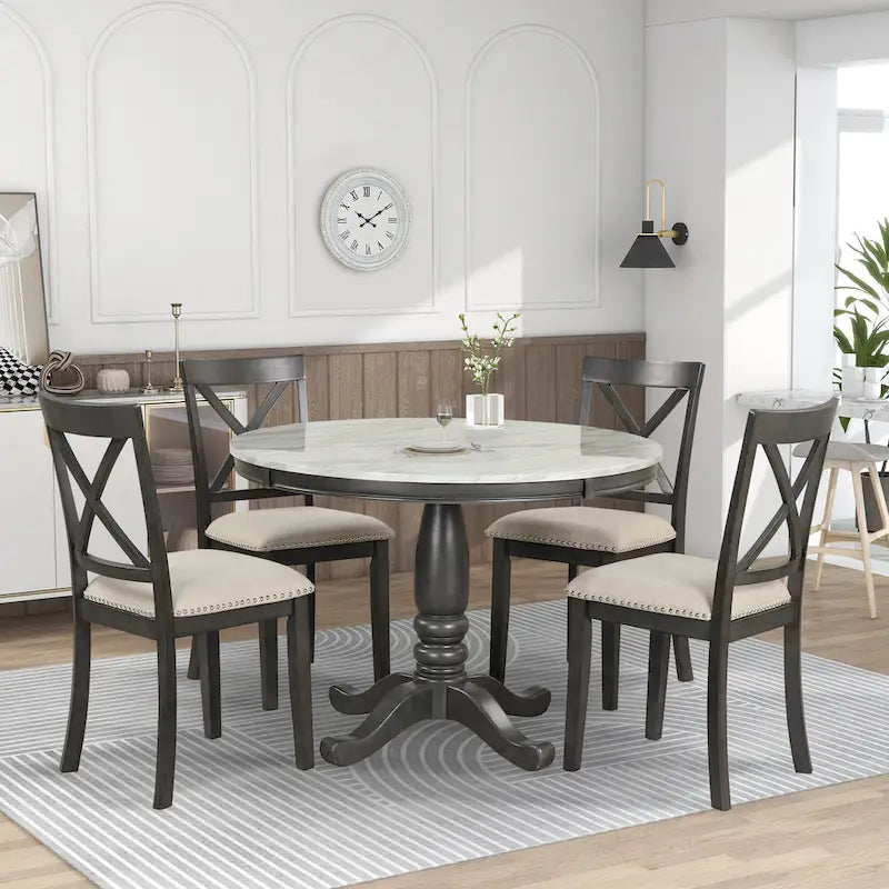 Ensemble de salle à manger moderne 5 pièces en bois avec table ronde et 4 chaises rembourrées